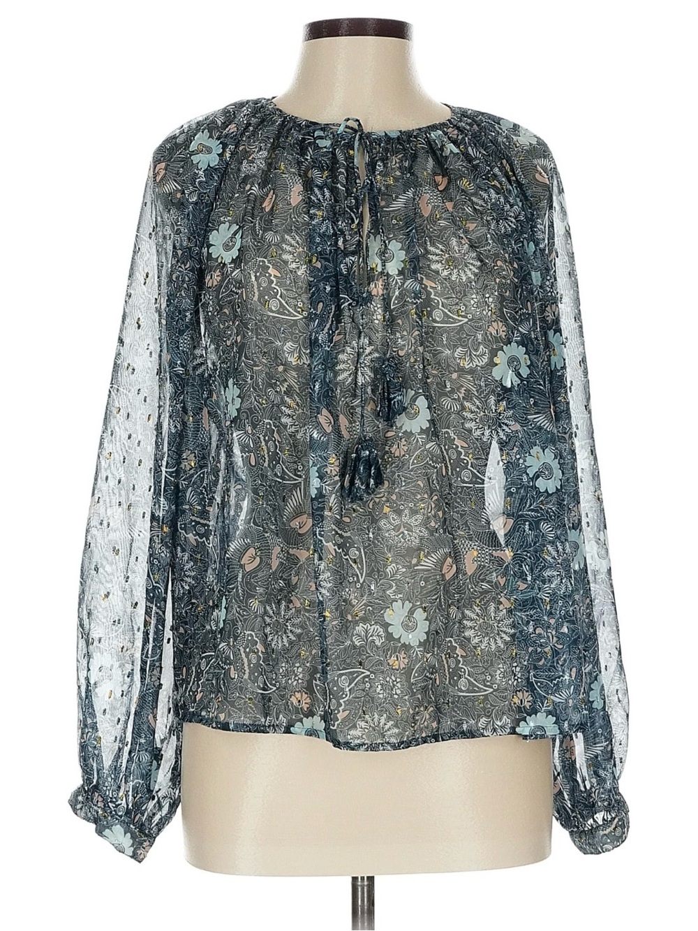 Anthropologie Let Me Be Sheer Floral Long Sleeve Tassel Blouse L